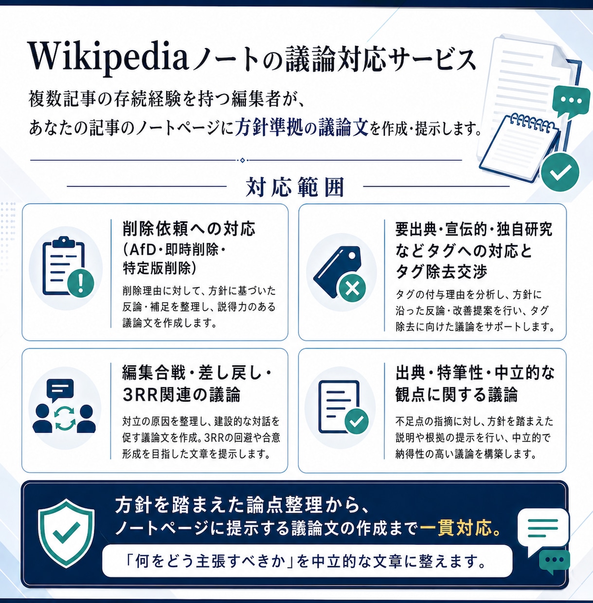 Wikipediaのノート議論で記事を守ります 削除依頼、タグの除去や編集合戦の際にノートで弁論代行します。 イメージ5