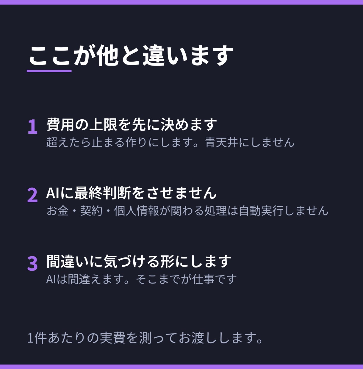 AIを業務の中に組み込みます 費用の上限を先に決めます。青天井にしません。 イメージ3