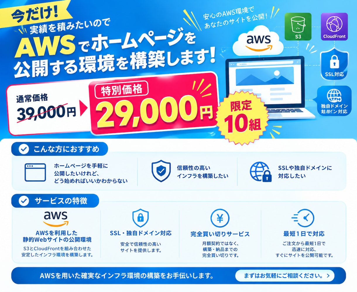 AWSでホームページの公開環境を構築します S3 + CloudFront + SSL 独自ドメイン対応 イメージ1
