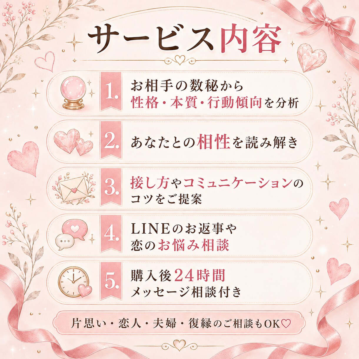 あの人の性格を数秘で読み解き恋愛相談にのります 片思い・恋人・夫婦まで♡相性やLINE相談もお任せください イメージ3