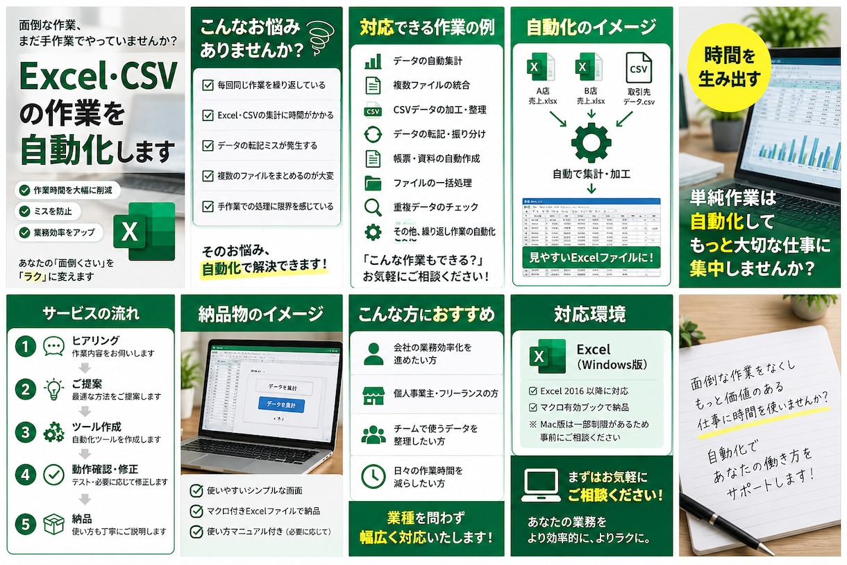 Excel・CSVの面倒な作業を自動化します 繰り返し作業を自動化！面倒な集計・転記・データ加工をラクに イメージ1