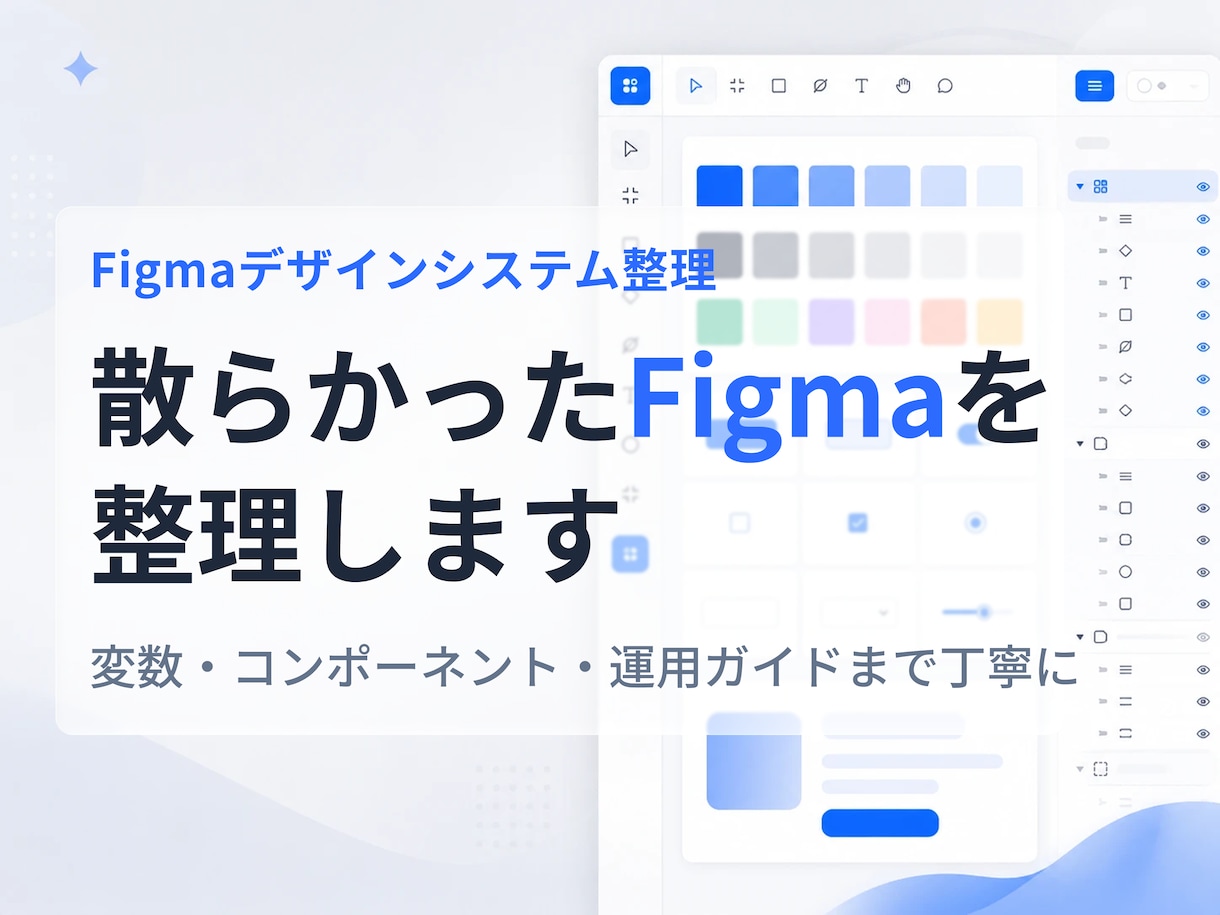 散らかったFigmaを使えるデータに整えます 変数もコンポーネントも丁寧に整理。運用まで見据えて整えます イメージ1