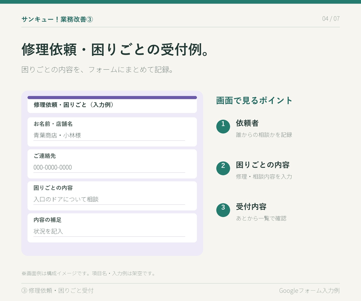 サンキュー業務改善③修理受付を管理します 修理や困りごとをフォームで受け付け、一覧で共有できます。 イメージ5