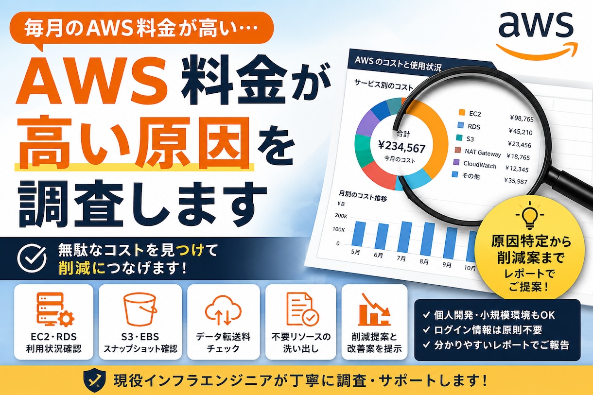 AWS料金が高い原因を調査します EC2・RDS・S3等の無駄を確認します イメージ1