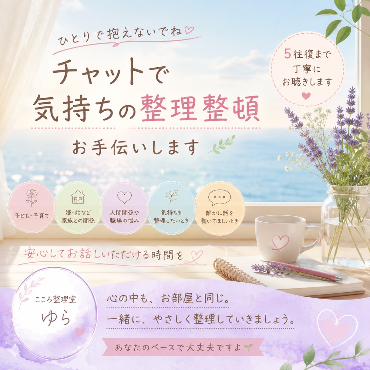 チャットで気持ちの整理整頓、お手伝いします 誰かに話したい気持ち、そっと受け止めます イメージ1