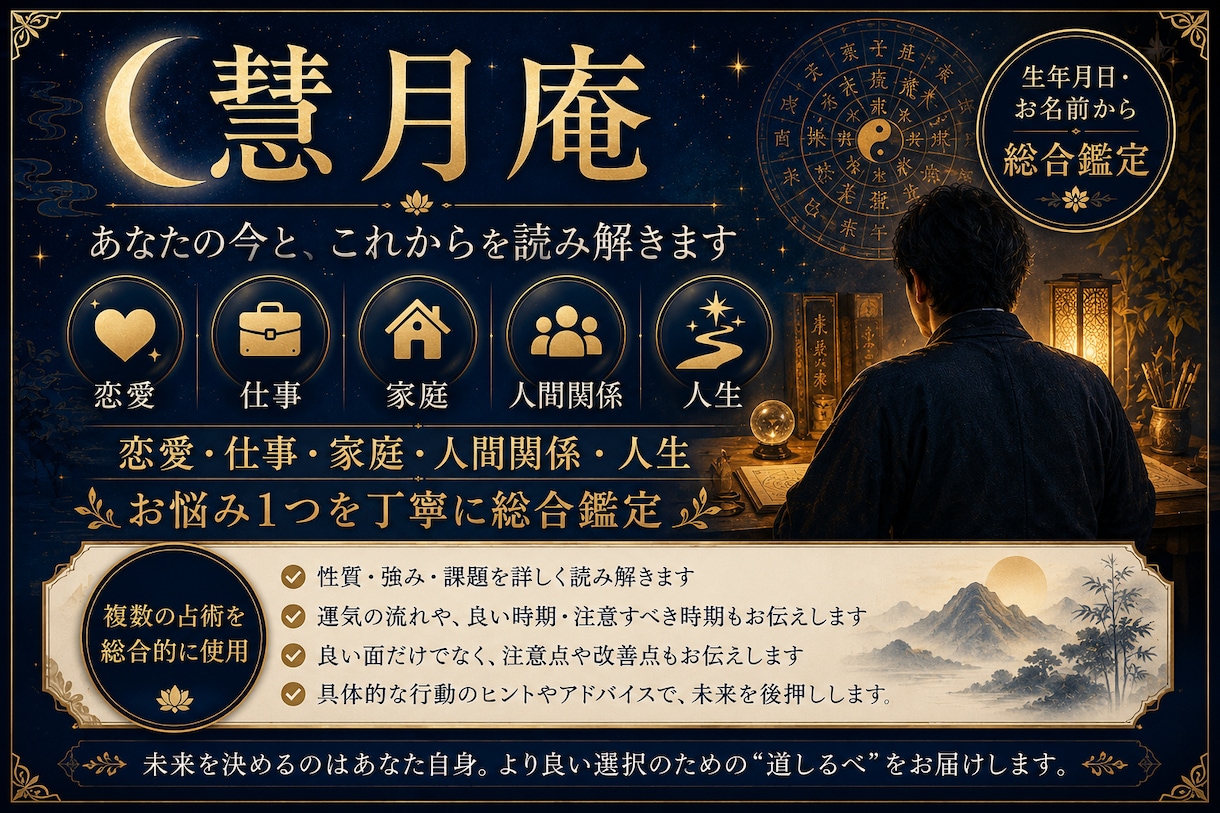 生年月日とお名前からあなたのお悩みを深く鑑定します 恋愛・仕事・家庭・人生のお悩みを総合鑑定 イメージ1