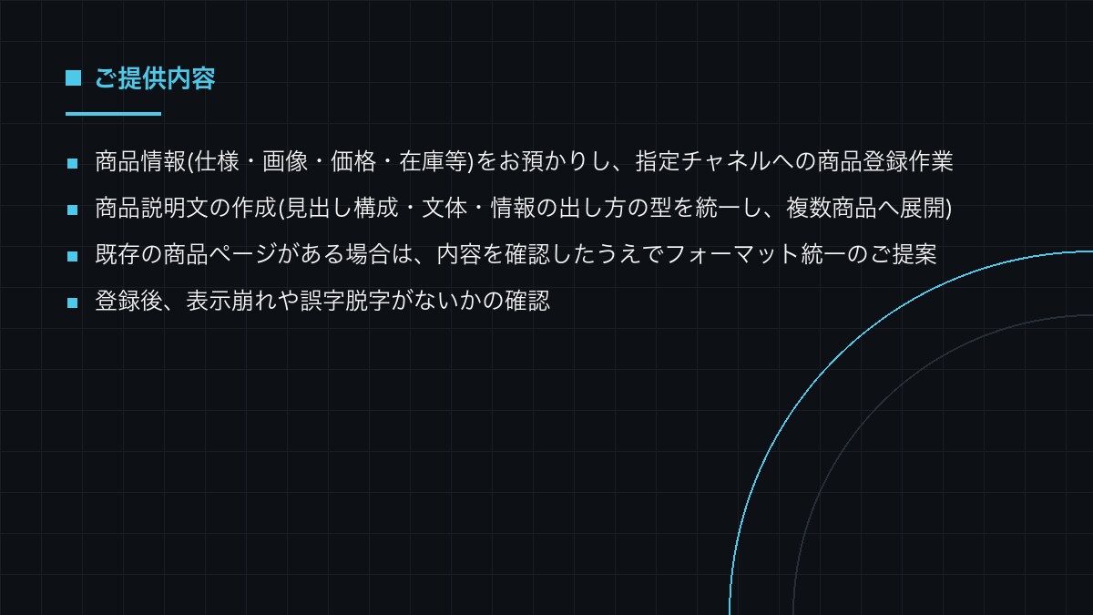 EC商品ページの登録と説明文作成を型化します 商品点数が増えて回らない登録と説明文を、型にして量産します イメージ3