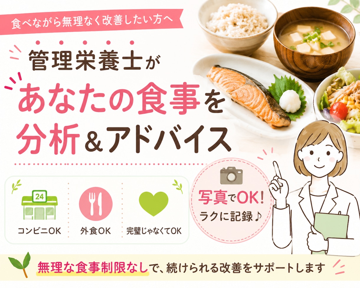 管理栄養士があなたの食事についてアドバイスします 状況に応じて、できる範囲のアドバイスを致します。 イメージ1