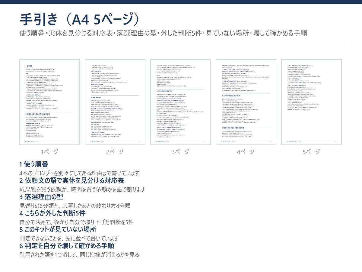 案件の募集文を応募前に点検するプロンプトを渡します 通し方は入っていません。出すかやめるかを先に決める手順です イメージ3