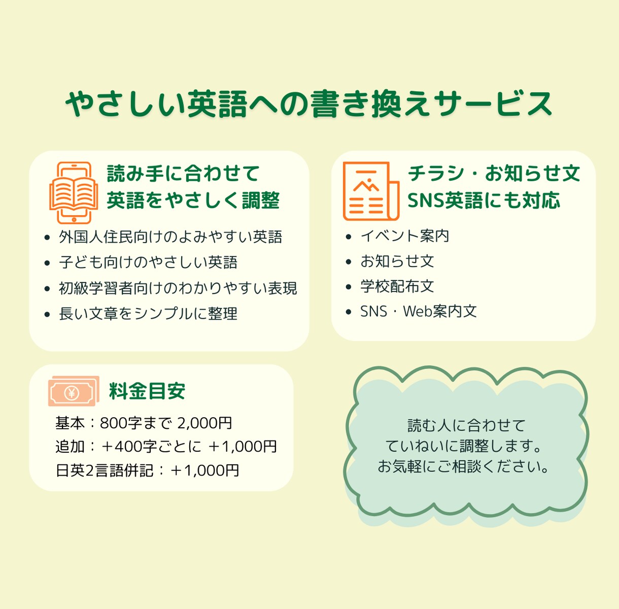 やさしい英語への書き換え｜伝わる英文に整えます イベント案内・SNS文などを“やさしい英語”に書き換えます。 イメージ3