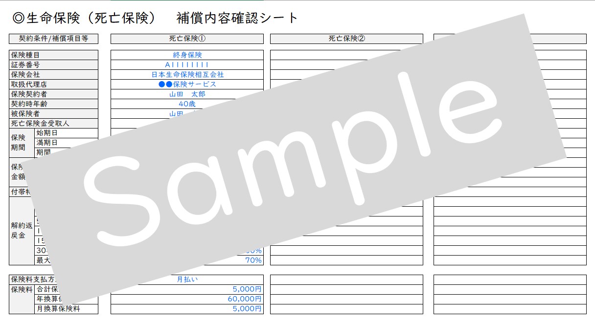 保険加入一覧表を作成します 生命保険・損害保険の加入一覧と各保険種目の補償内容整理します イメージ2