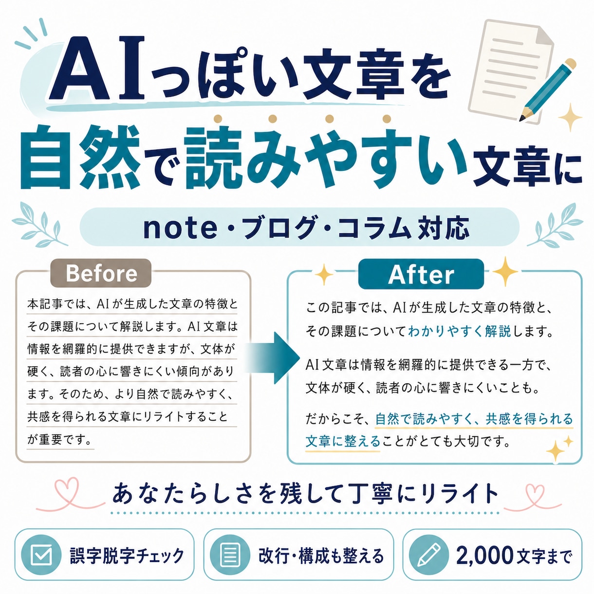AIっぽい文章を自然にリライトします note・ブログを読みやすい文章に整えます イメージ1