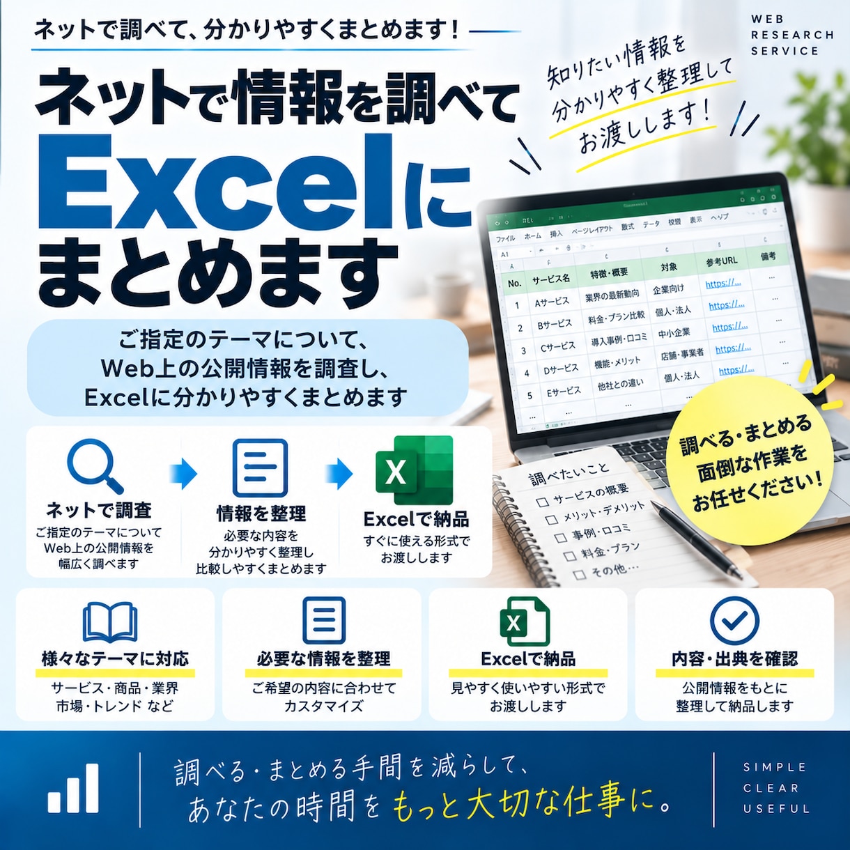 ネットで情報を調べてExcelにまとめます ご指定のテーマを調査して分かりやすく整理します イメージ1