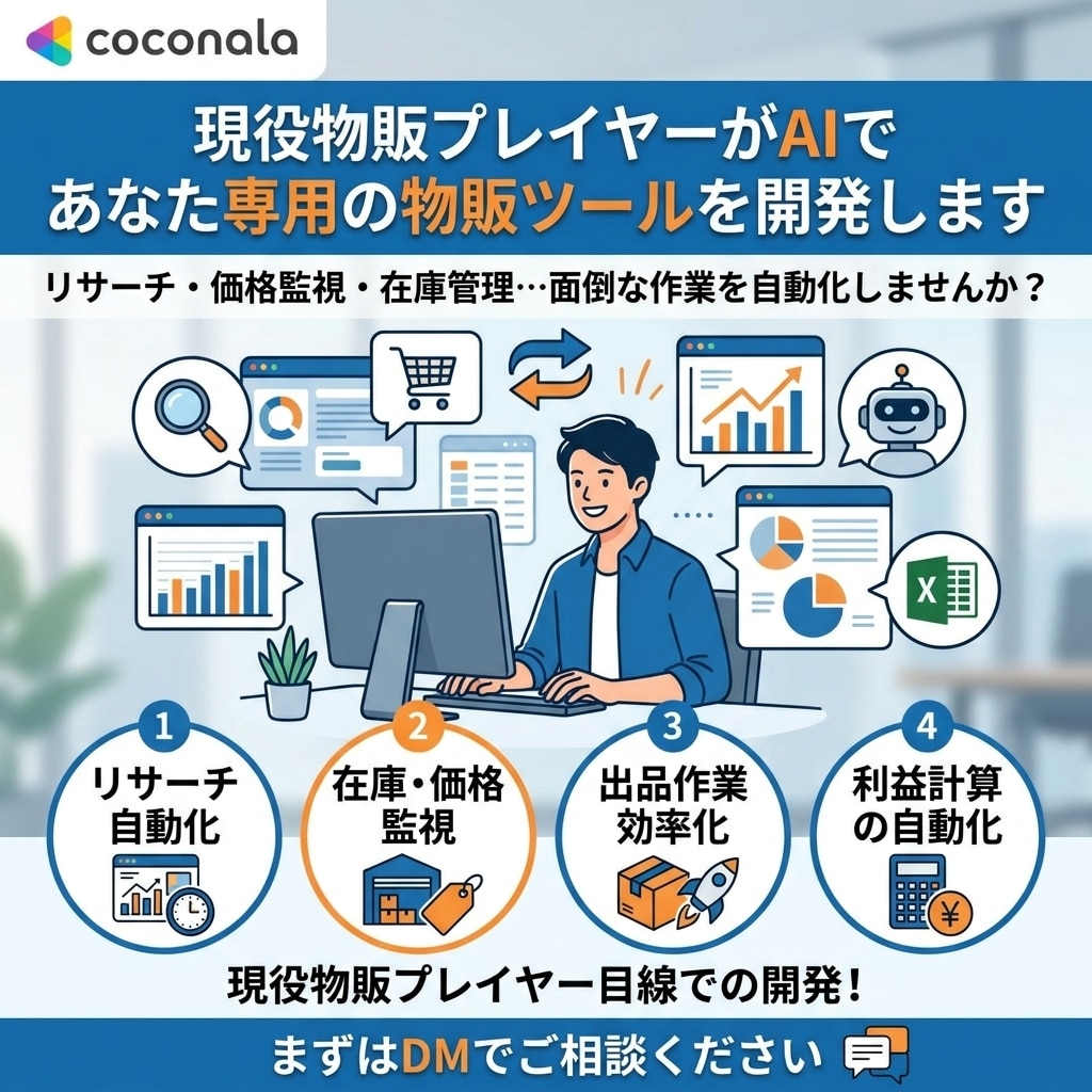 現役物販プレイヤーが専用の物販ツールを開発します リサーチ・価格監視・在庫管理など面倒な作業を自動化しませんか イメージ1