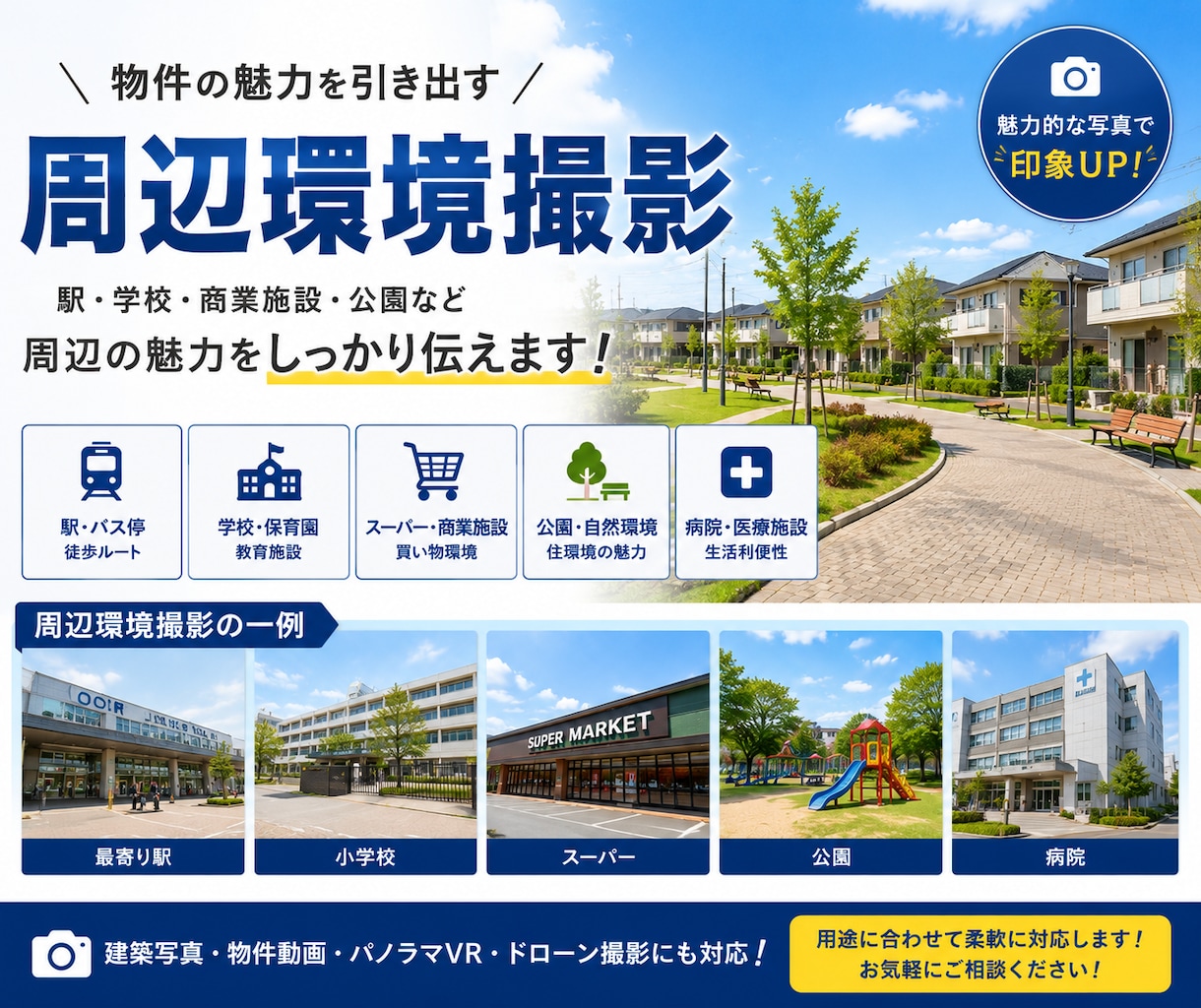 不動産向け周辺環境撮影します 分譲地・物件販売用の周辺環境撮影ドローン撮影キャンペーンあり イメージ1