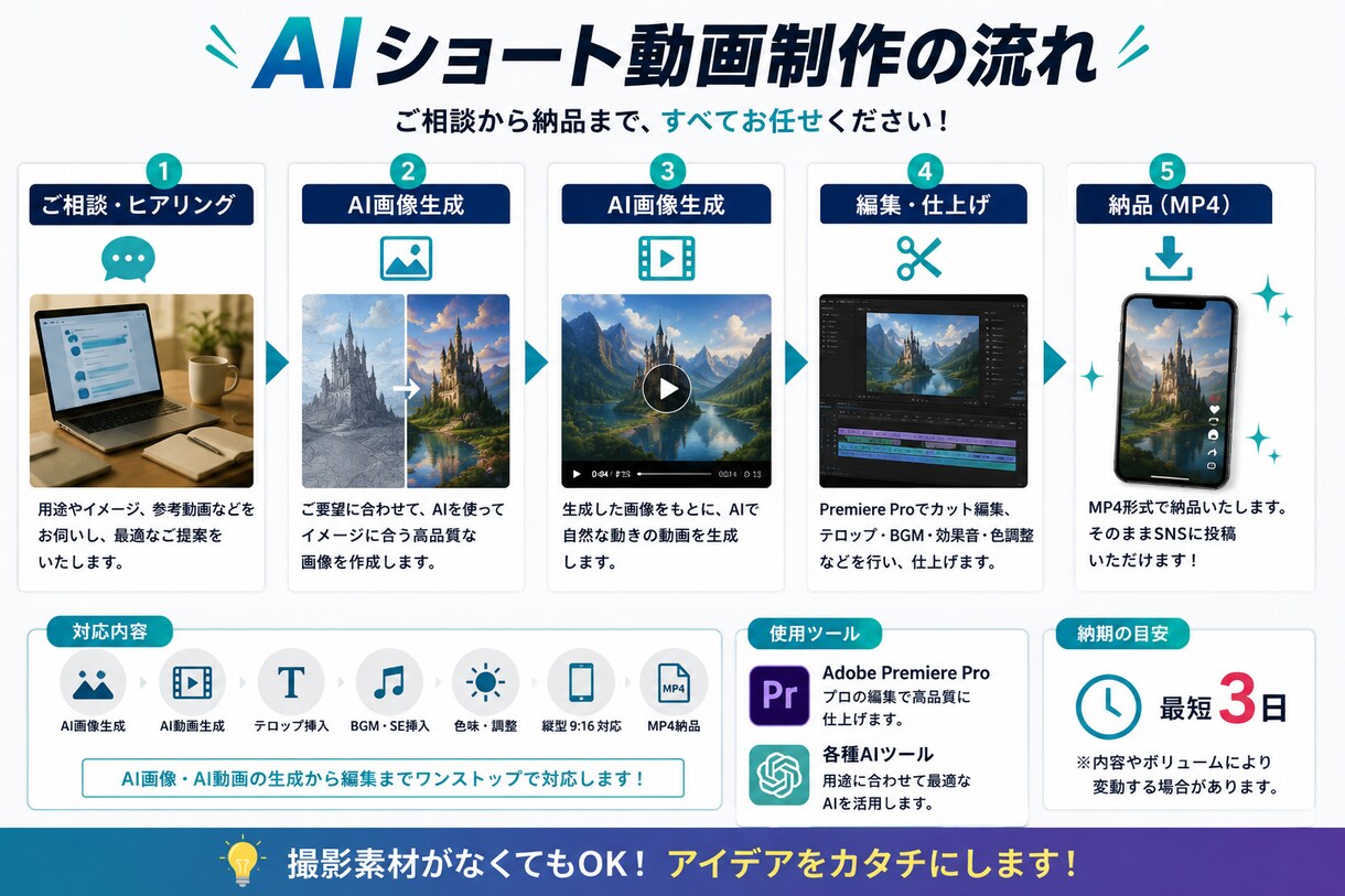 生成AIを活用したショート動画を制作します AI画像・AI動画×Premiere Proで映像化します イメージ3