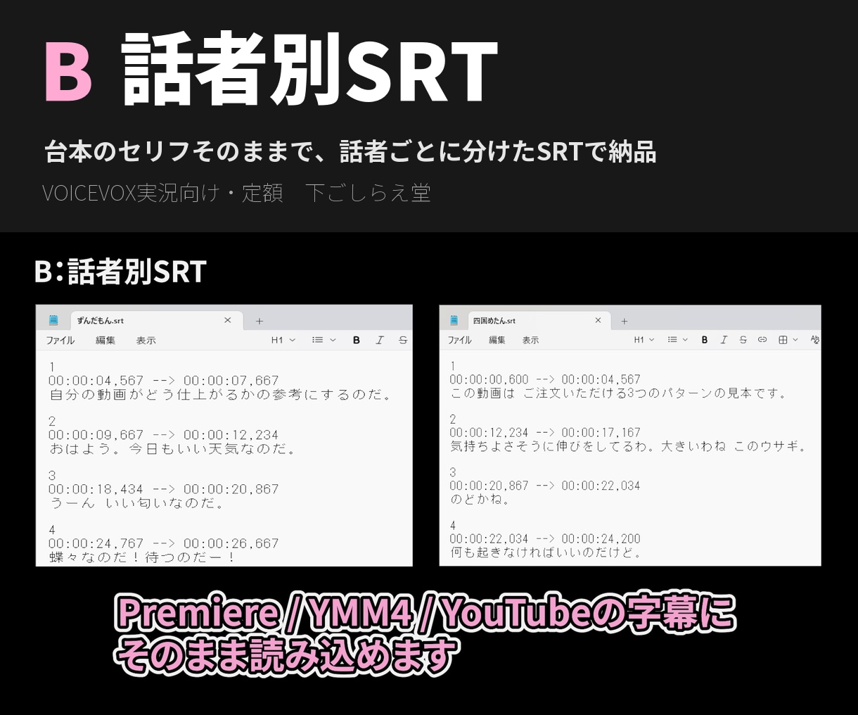 B：VOICEVOX実況の話者別SRTを作ります 台本のセリフそのままで、話者ごとに分けたSRTで納品 イメージ1