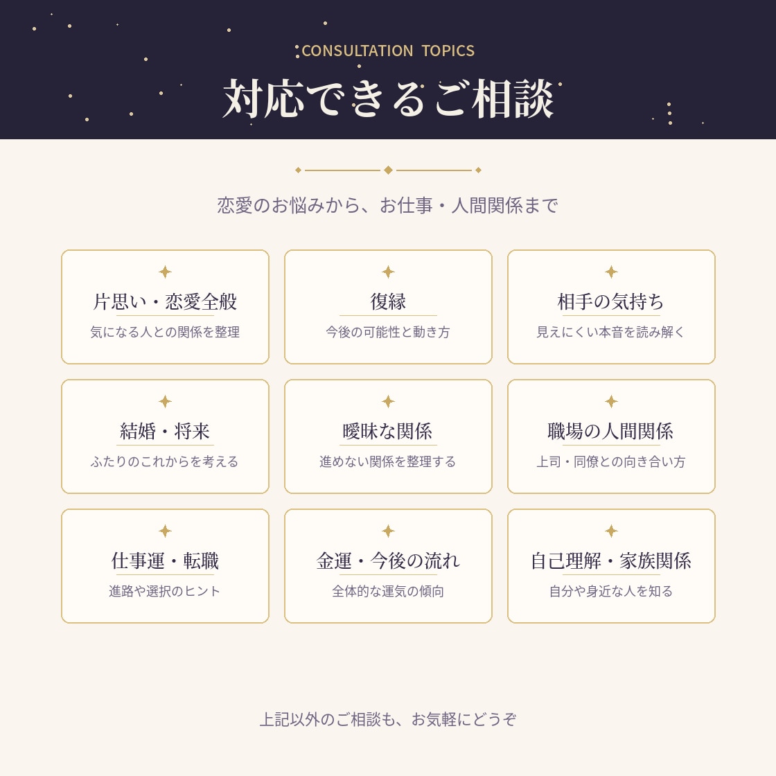 恋愛と人生の悩みを占います 恋愛・仕事・今後の流れをやさしく鑑定 イメージ2