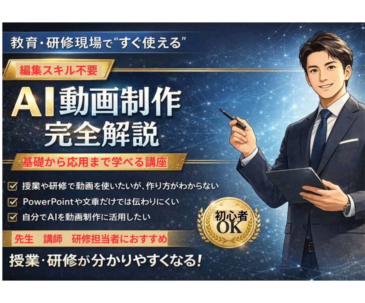 編集スキル不要　AI動画制作を完全解説します 教育・業務現場で“すぐに使える講座 イメージ1
