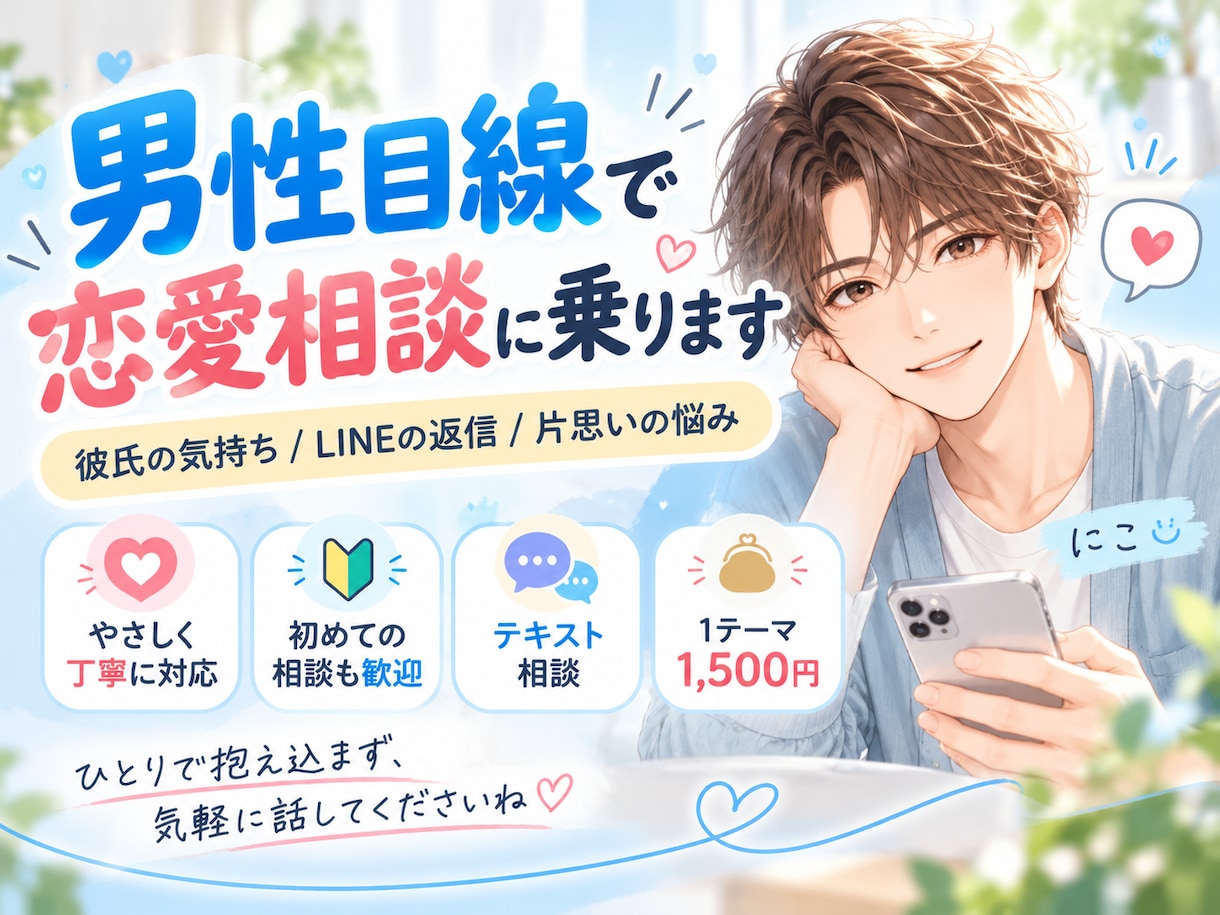 彼女が大好きな男性目線で恋愛相談に乗ります 彼氏の気持ち・LINEの返信・片思いの悩みを一緒に考えます イメージ1