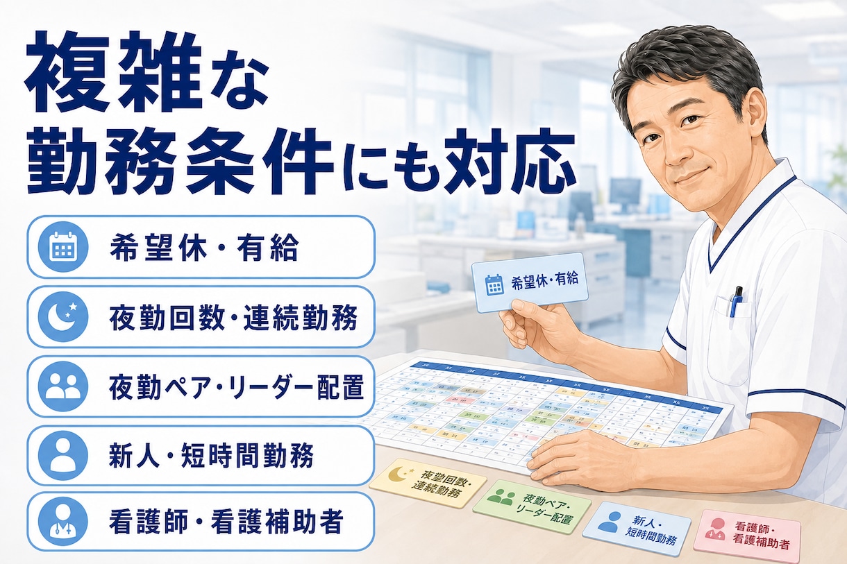 現役管理者が看護勤務表を作成します 2交代・3交代、複雑な夜勤条件まで丁寧に調整いたします イメージ1