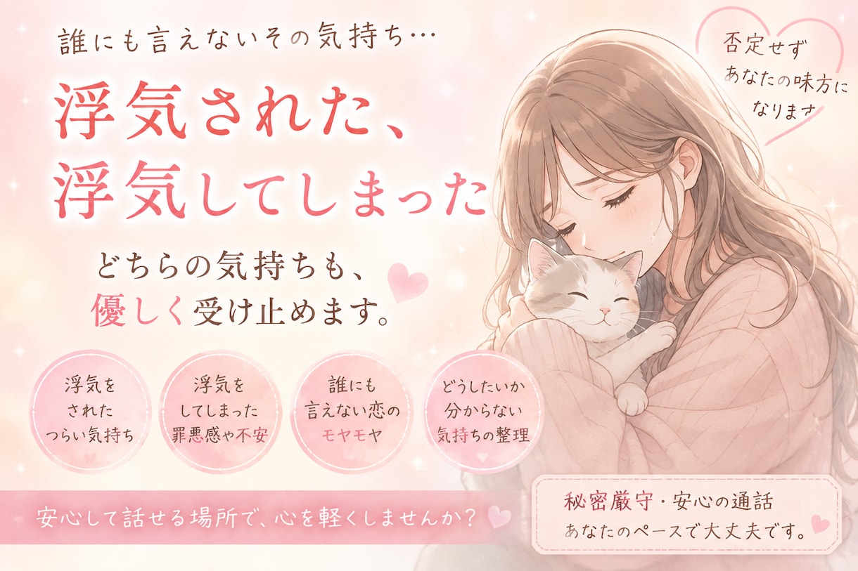 浮気・不倫の悩み、否定せず優しくお聞きします 誰にも言えない恋の悩みも、そっと受け止めます イメージ1