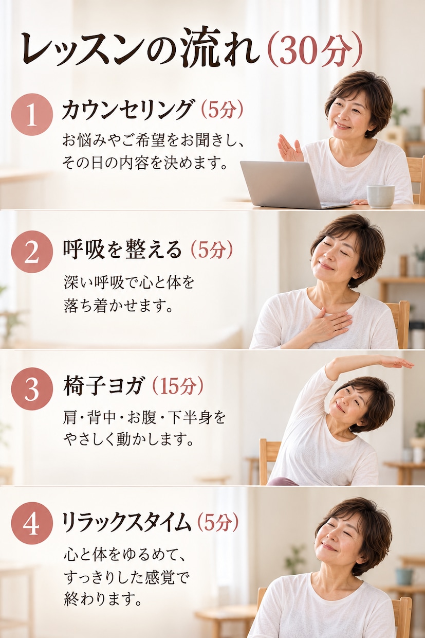 ５０代〜６０代女性向けの椅子ヨガをします 体をほぐして、心も軽く。自分のための３０分 イメージ5