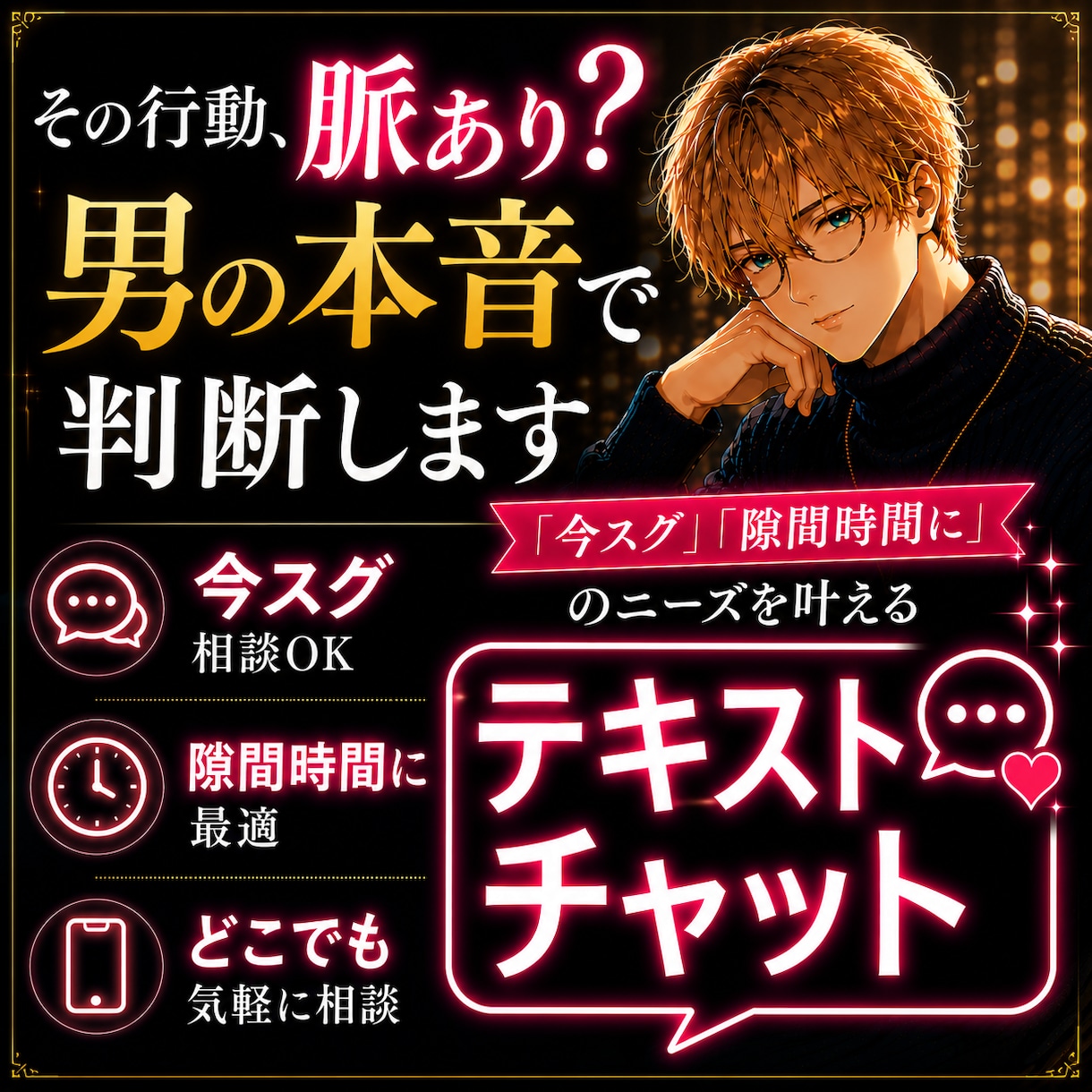 その行動、脈あり？男の本音で判断しmasuます 「今スグ」「隙間時間に」のニーズを叶えるテキストチャット イメージ1