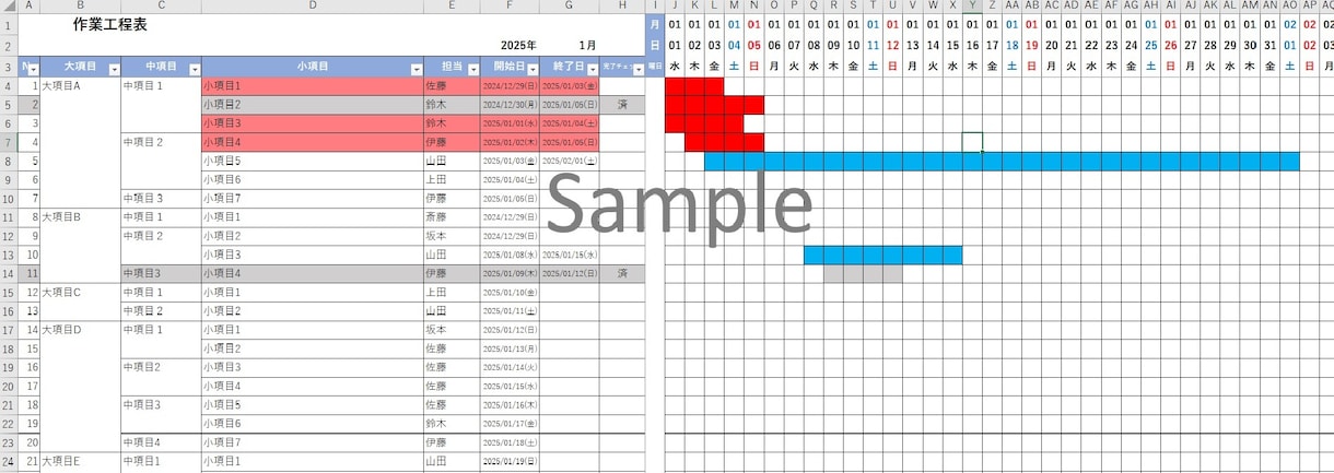 ガントチャート式作業工程管理表作成します 作業予定の管理に苦慮しているかた必見です！ イメージ1