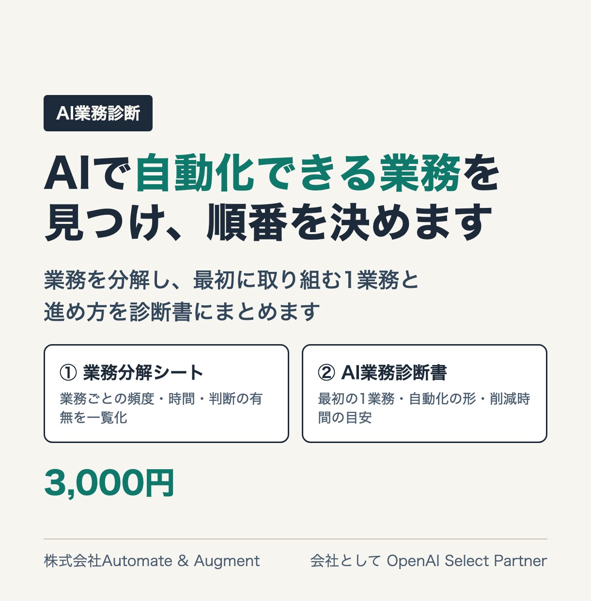 AIで自動化できる業務を診断し、順番を決めます 業務分解シートと診断書で最初の1業務が分かります イメージ1