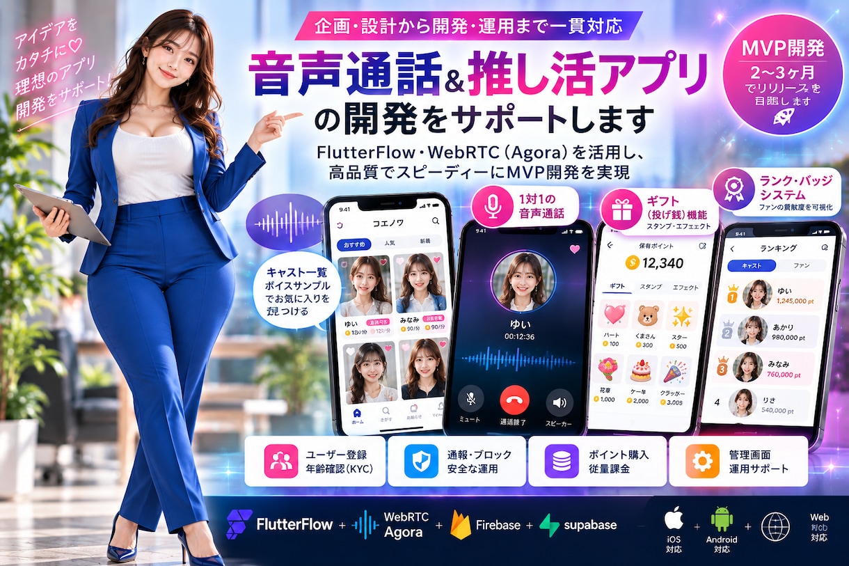 音声通話・マッチングアプリを開発しますます FlutterFlow・WebRTCを活用したMVP開発 イメージ1