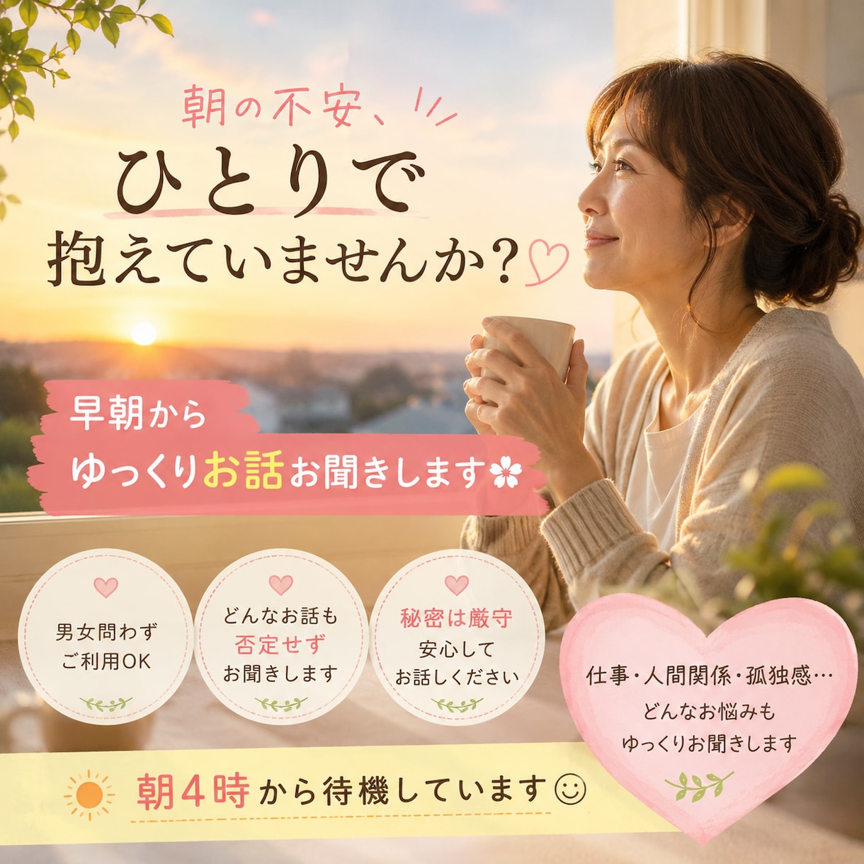 不安や孤独感を否定せずお聞きします 朝型生活のため、早朝〜夕方を中心に待機しています☺️ イメージ1