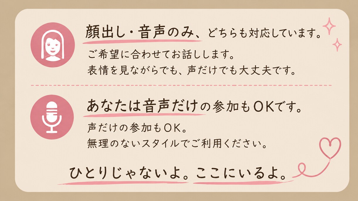 誰かと話したい時、ゆっくりお話を聞きます 話すだけでも大丈夫。否定せず、ゆっくり聞きます イメージ4