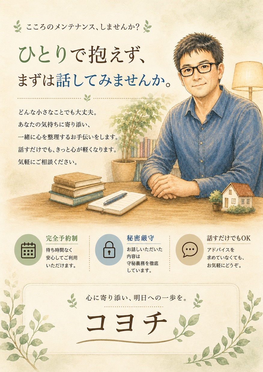 話すだけで少し楽に｜男性カウンセラーが傾聴します 解決を急ぎません。安心して話せる時間を大切にします。 イメージ1