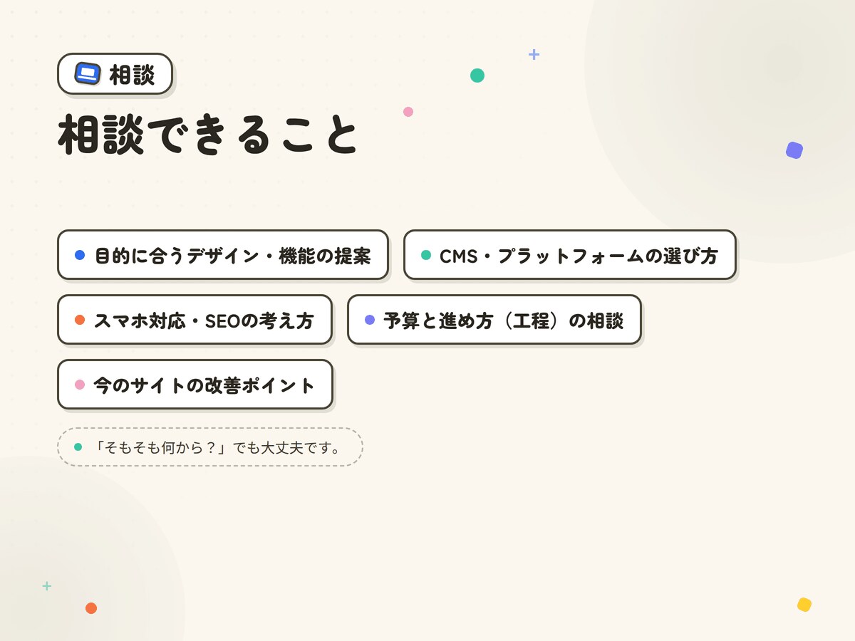 WEBサイト制作・修正前オンライン相談を提供します 作る前の「これで合ってる?」を、一緒に整理します イメージ3
