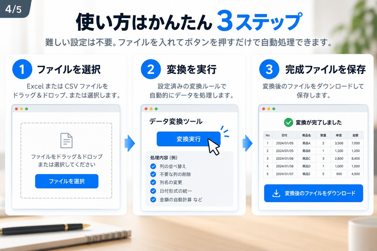 Excel・CSVの面倒な変換作業を自動化します 毎回の並べ替え・削除・計算・文字変換を専用ツールで一発処理 イメージ4