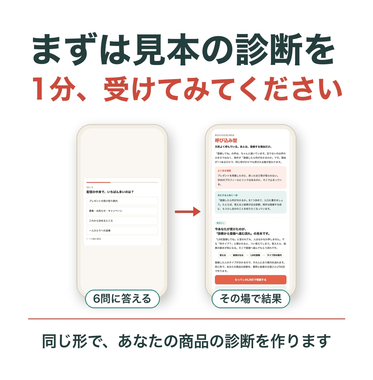 UTAGEで診断からLINE登録までを作ります 質問・結果の文面込み。パスワードは預かりません イメージ1