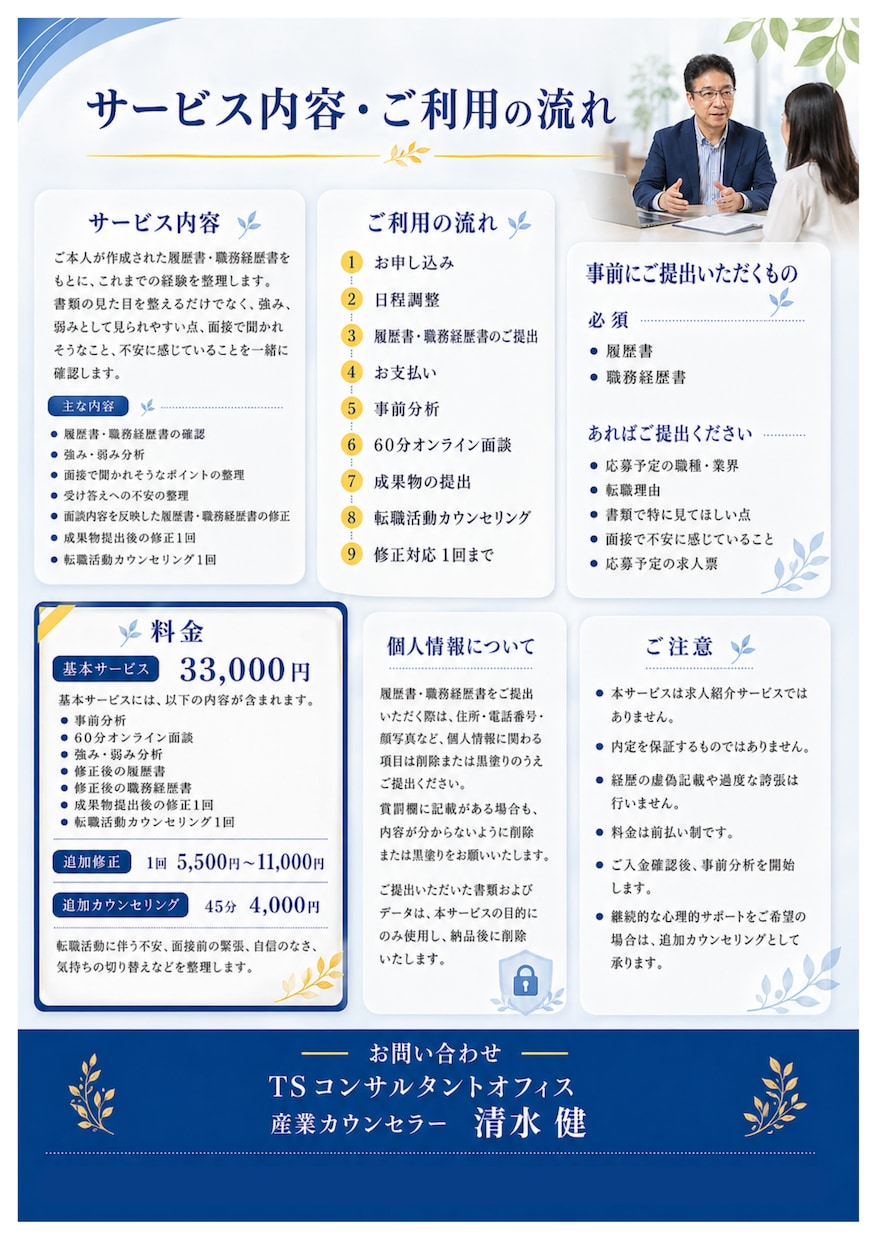 産業カウンセラーが職務経歴書・面接対策を支援します カウンセリングを交え、転職の不安と経歴の整理を行います。 イメージ2