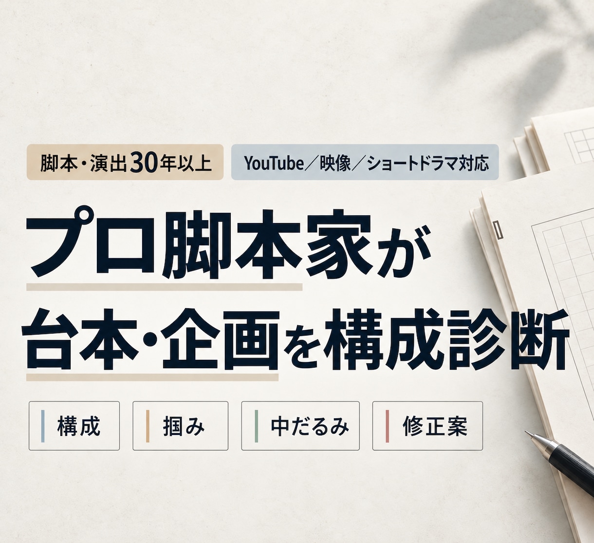 プロ脚本家が動画台本・企画を構成診断しますます 30年以上の脚本・演出経験で、弱点と直し方を具体化します イメージ1