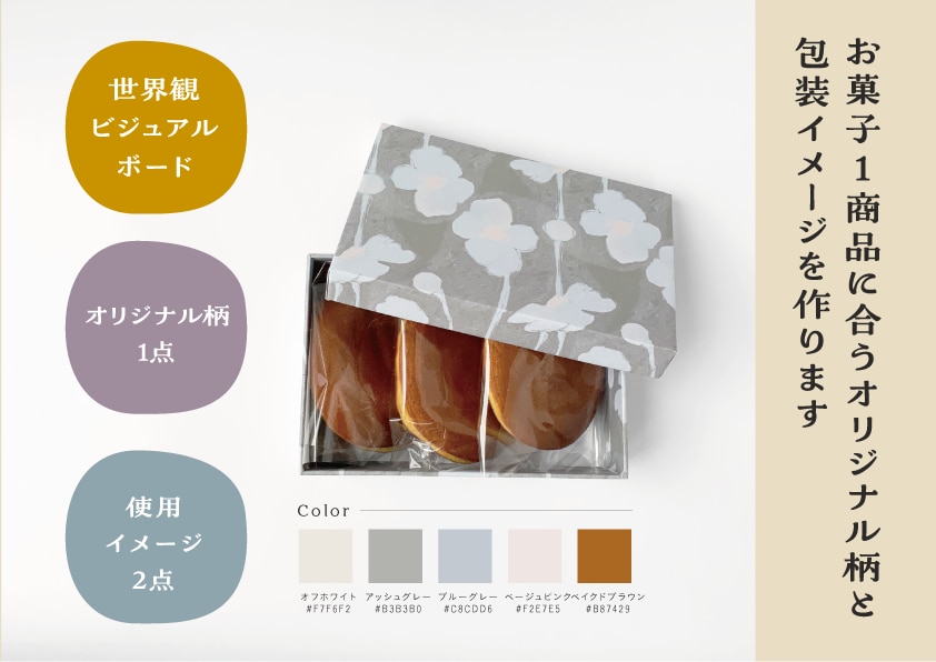 菓子1商品のオリジナル柄と包装イメージを作ります 商品写真をもとに柄・配色・包装・撮影の方向性を一つに整えます イメージ1