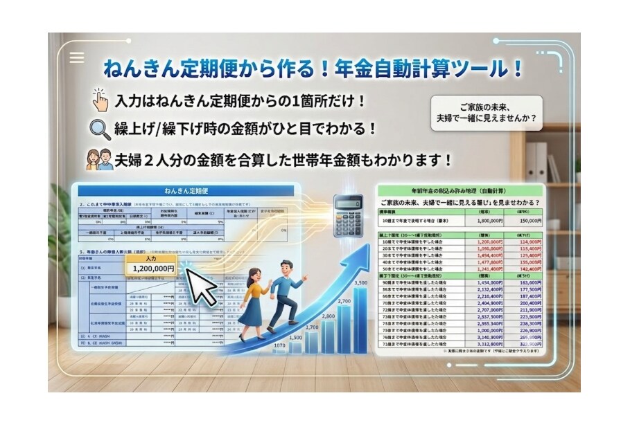 ねんきん定期便から年金額を自動計算します 【1箇所入れるだけ】何歳から貰う？年金の繰上げ繰下げ自動計算 イメージ1