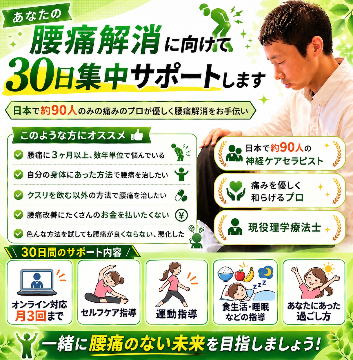 あなたの腰痛解消に向けて30日集中サポートします 日本で約90人の痛みのプロが、優しく腰痛解消をお手伝い イメージ1