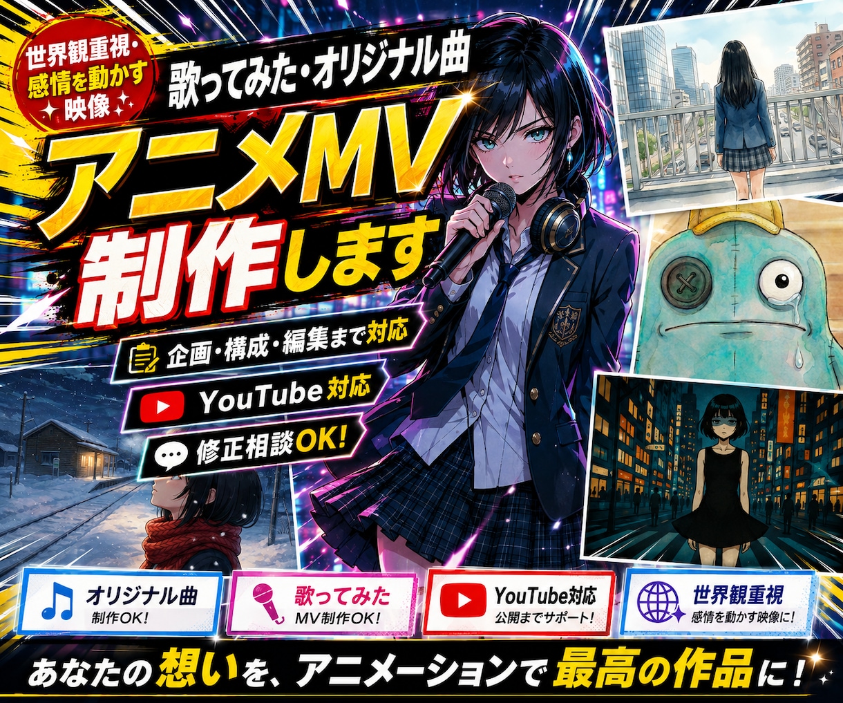 歌ってみた・オリジナル曲のアニメMV制作します 歌い手・ボカロP・個人アーティスト向け｜楽曲の世界観を映像化 イメージ1