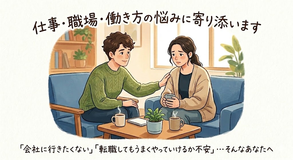 仕事・職場・働き方の悩みに寄り添います 「会社に行きたくない」「転職してもうまくやっていけるか不安」 イメージ1