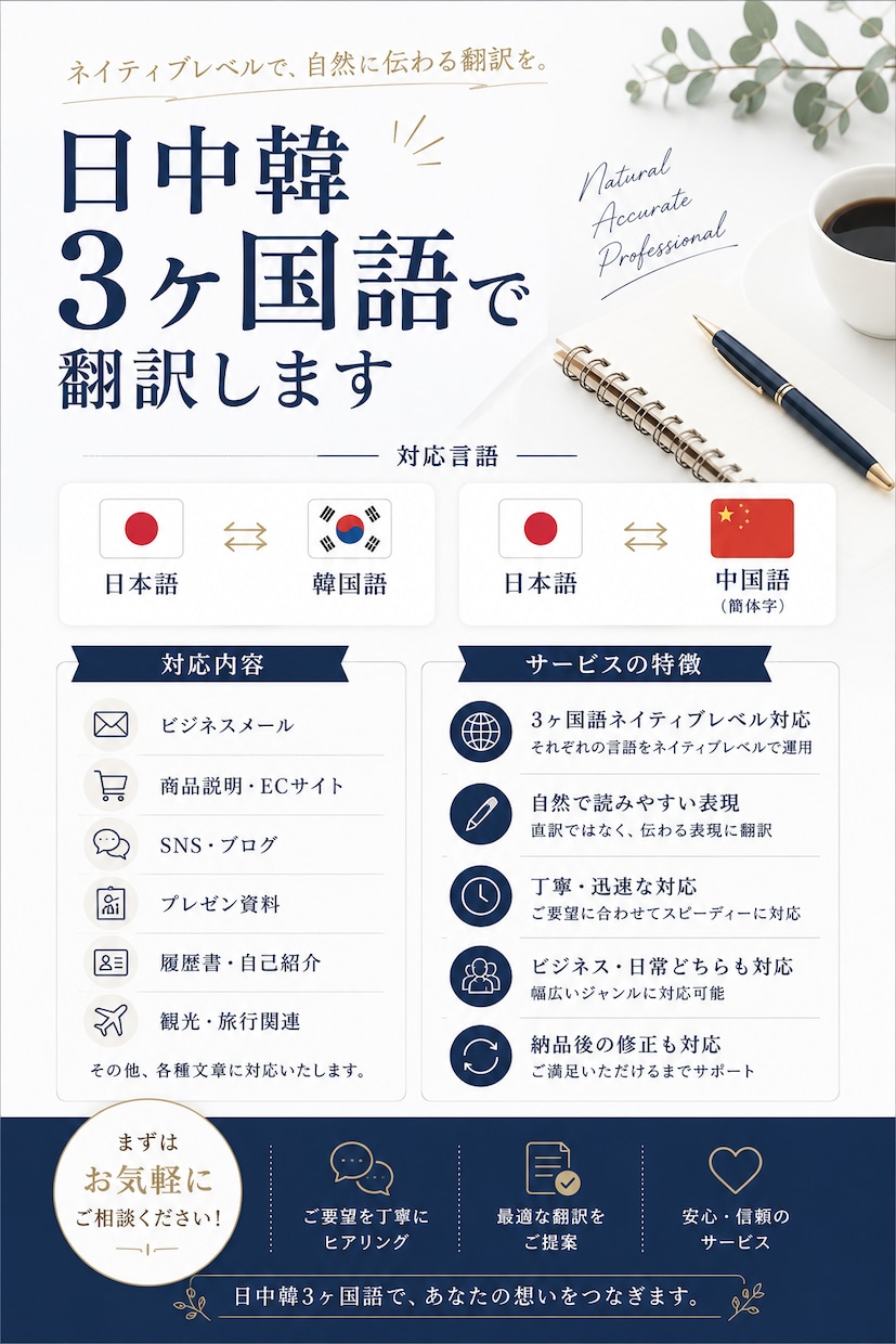 日韓中ネイティブレベルで翻訳します 日韓・日中翻訳｜3ヶ国語ネイティブ イメージ1