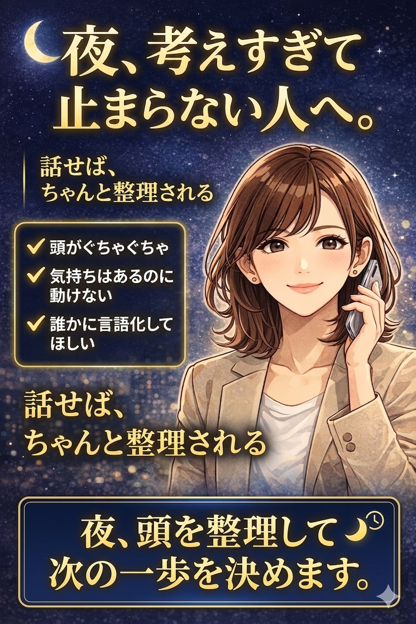 頭を整理し楽しい明日へつなげるお手伝いをします 考えすぎてしまう夜。少し話して穏やかな気持ちで眠りませんか？ イメージ1
