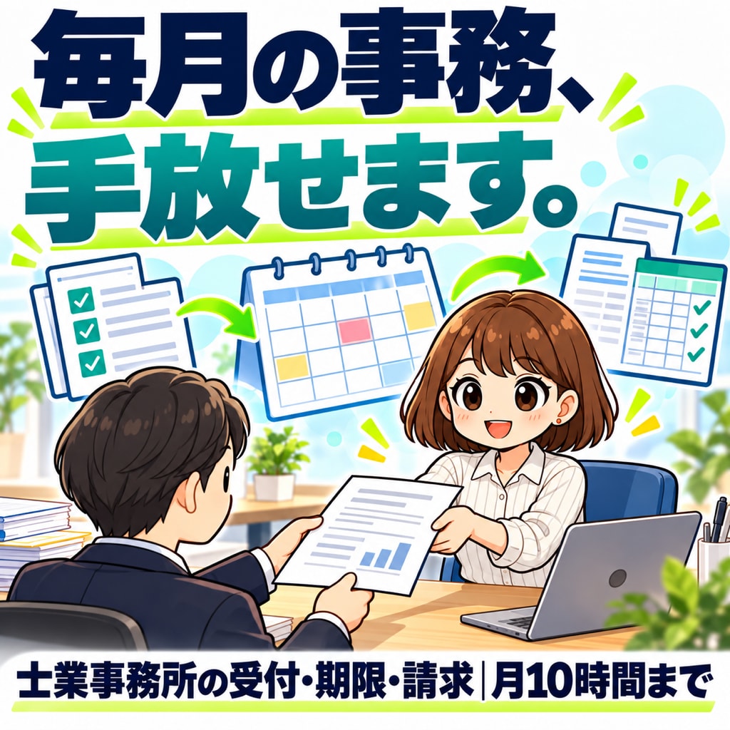 士業事務所の毎月の事務を、代わりに進めます 受付・期限・請求の事務を毎月お任せ｜月10時間まで イメージ1