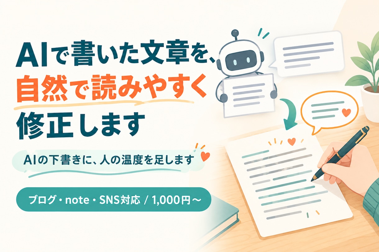 AIで作った記事・ブログ・SNS文章を修正します AIの下書きに人の温度を足します イメージ1