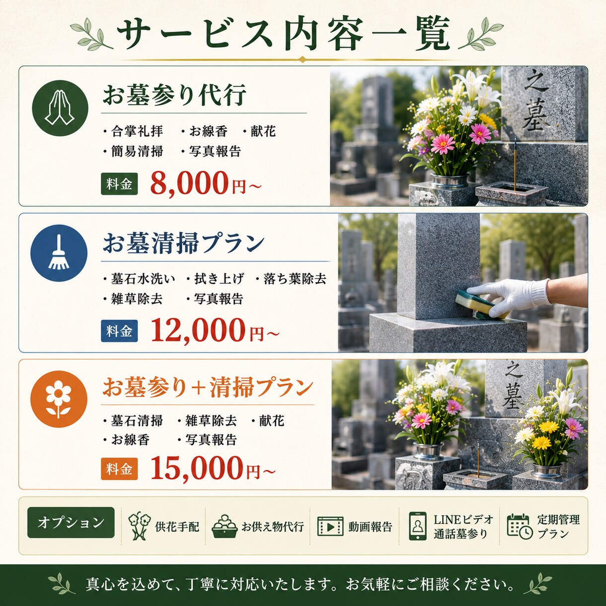 お墓参り・お墓掃除を代行します 遠方で行けない方に代わり真心込めて対応します イメージ2