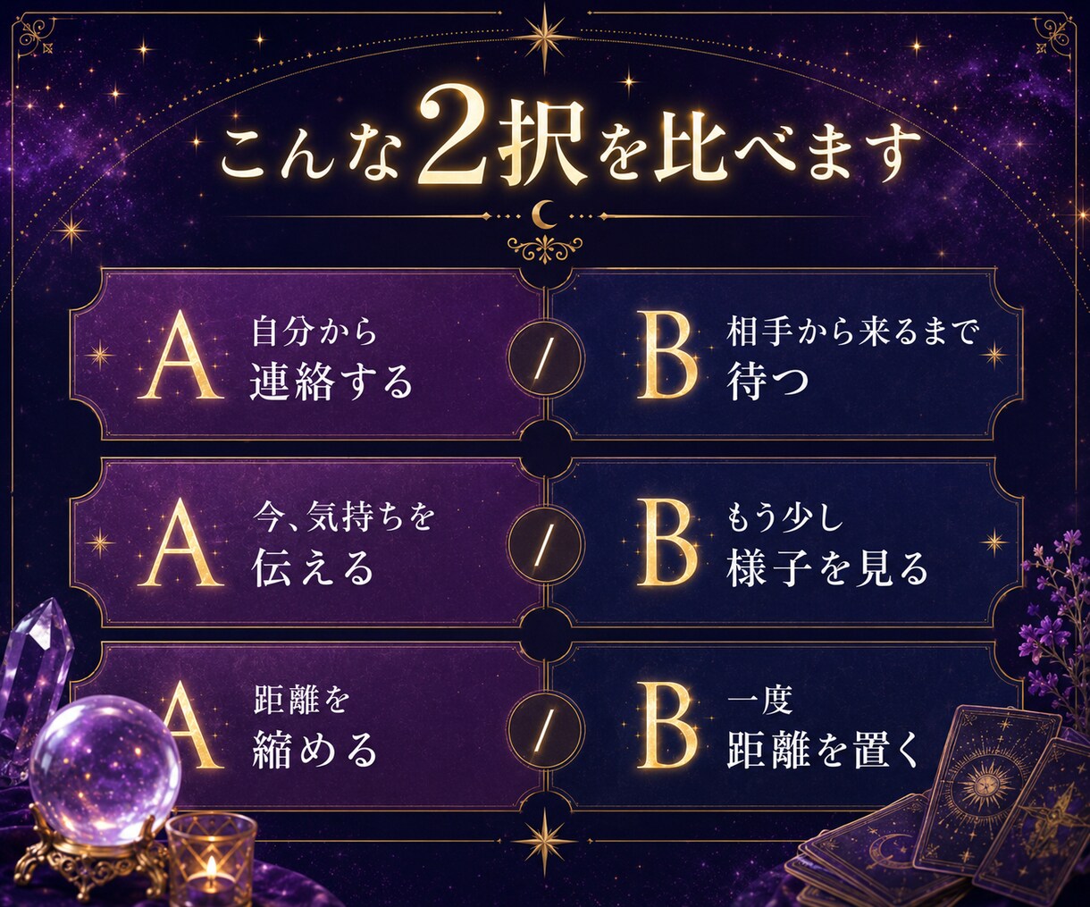迷っている2つの選択、その先の未来を占います 動く？待つ？選択肢を比べて今のあなたに合う道を読み解きます イメージ2